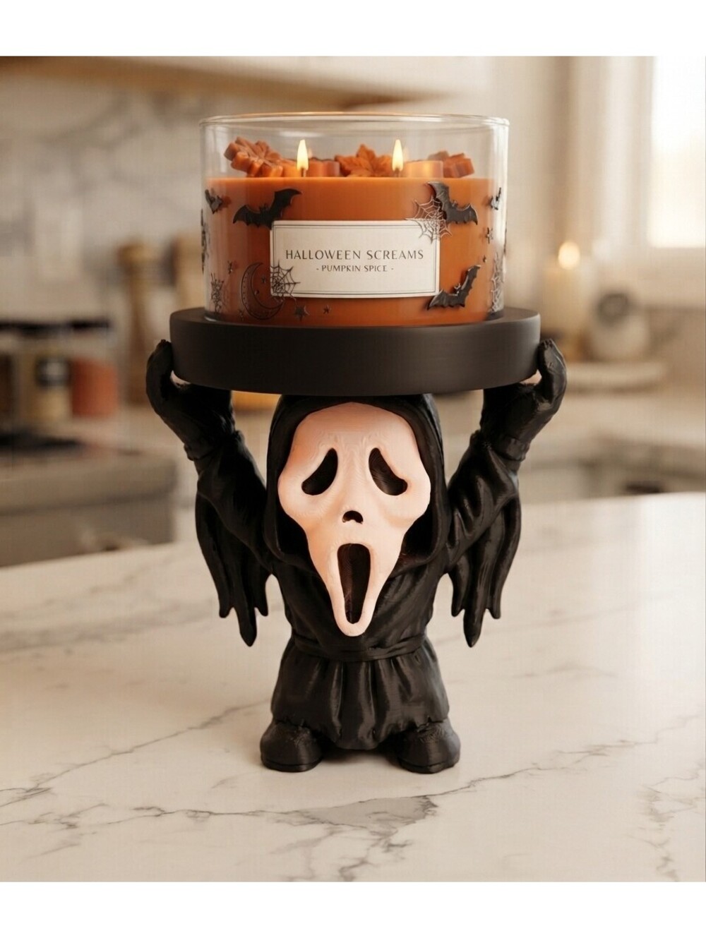 3D Printed Ghostface Candle Jar Holder - Black/White - 5 Inch